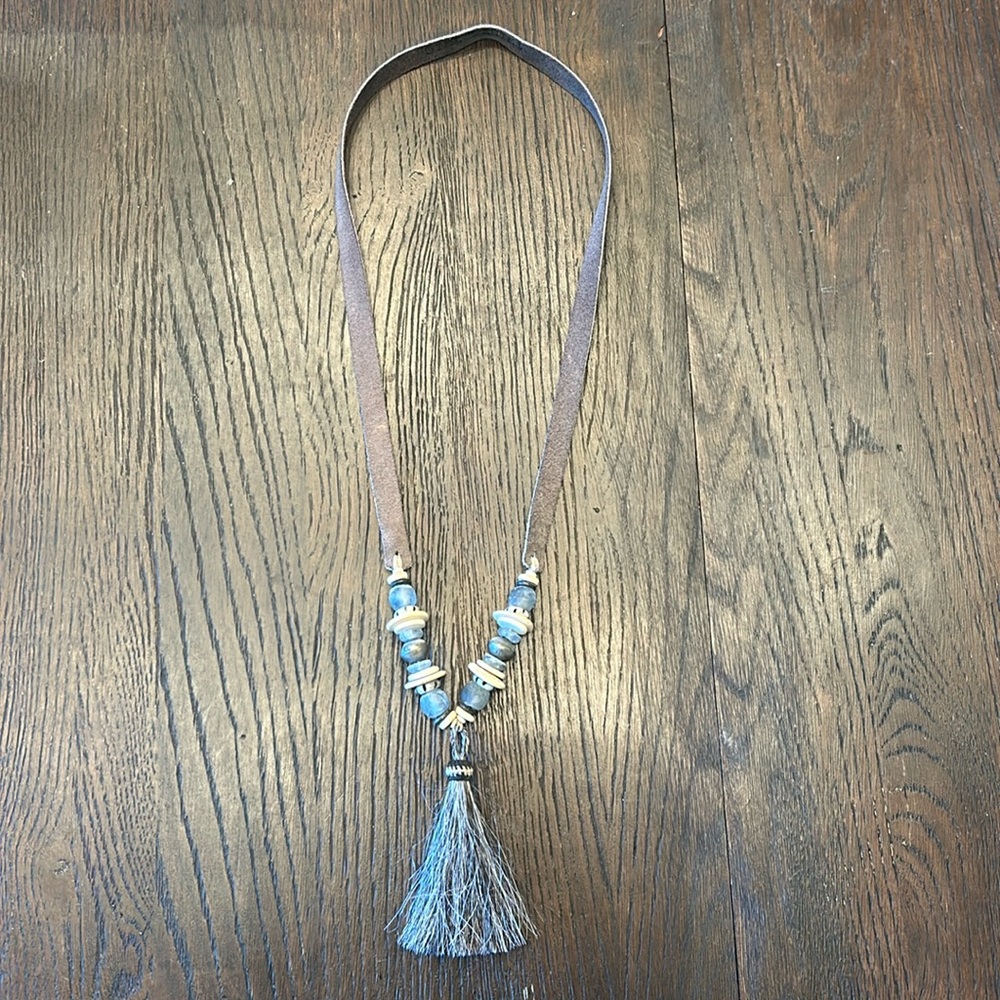Twine and Twig Tassel Necklace - Blue/Grey colorway